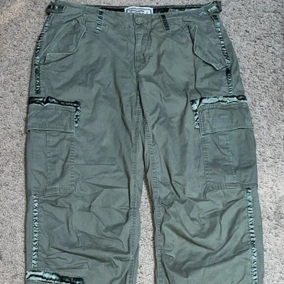 Abercrombie & Fitch Utility Cargo Pants Baggy Y2K Style Olive Satin Accents - Picture 10 of 16